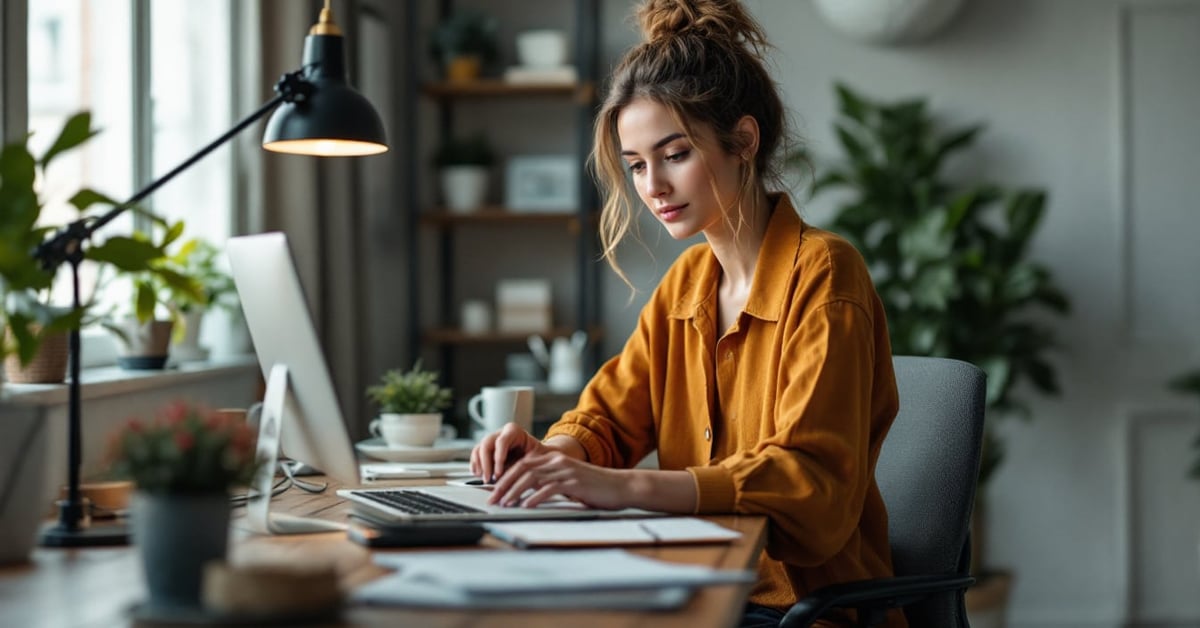 Cabinet comptable moderne avec comptable professionnel au bureau, ambiance lumineuse et accueillante