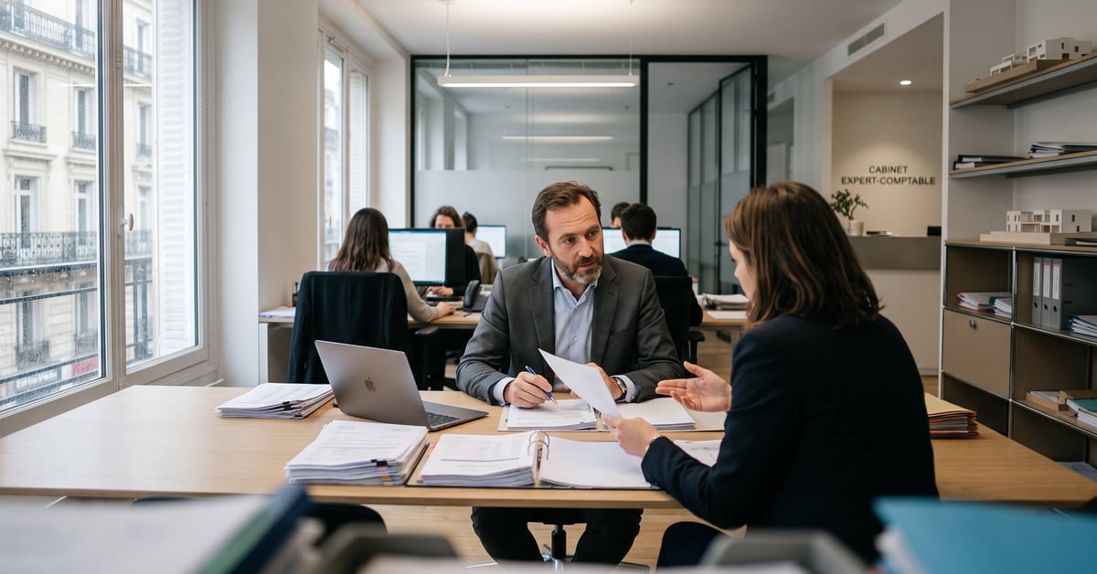 Cabinet expert-comptable à Paris : bureau moderne avec comptable en consultation client