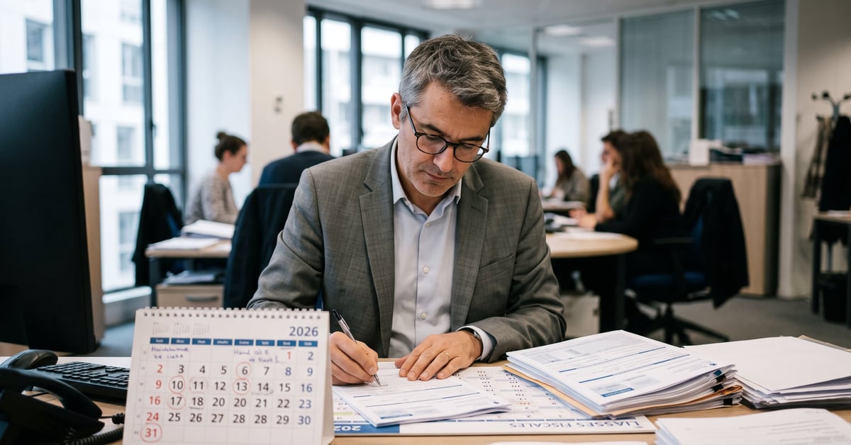Date limite liasse fiscale 2026 : calendrier fiscal et documents comptables sur un bureau professionnel