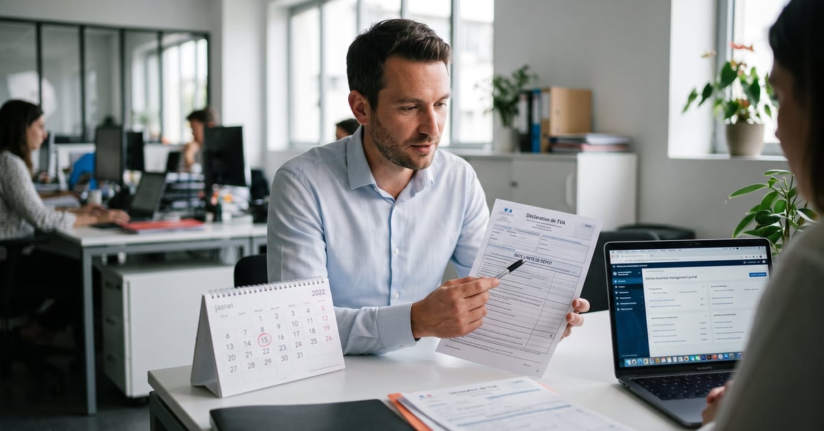 Calendrier fiscal avec dates de déclaration TVA marquées, stylo et documents comptables sur un bureau