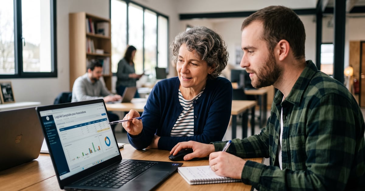 Logiciel comptable pour associations sur écran d'ordinateur avec tableau de bord financier