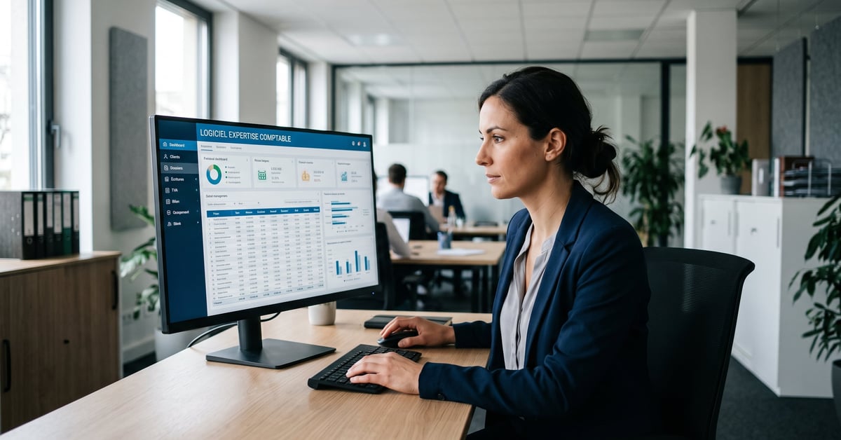Logiciel expertise comptable sur ordinateur dans un cabinet moderne