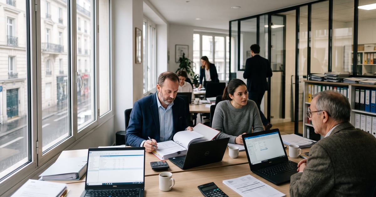 Cabinet expert-comptable à Paris, bureau moderne avec documents financiers et conseiller professionnel