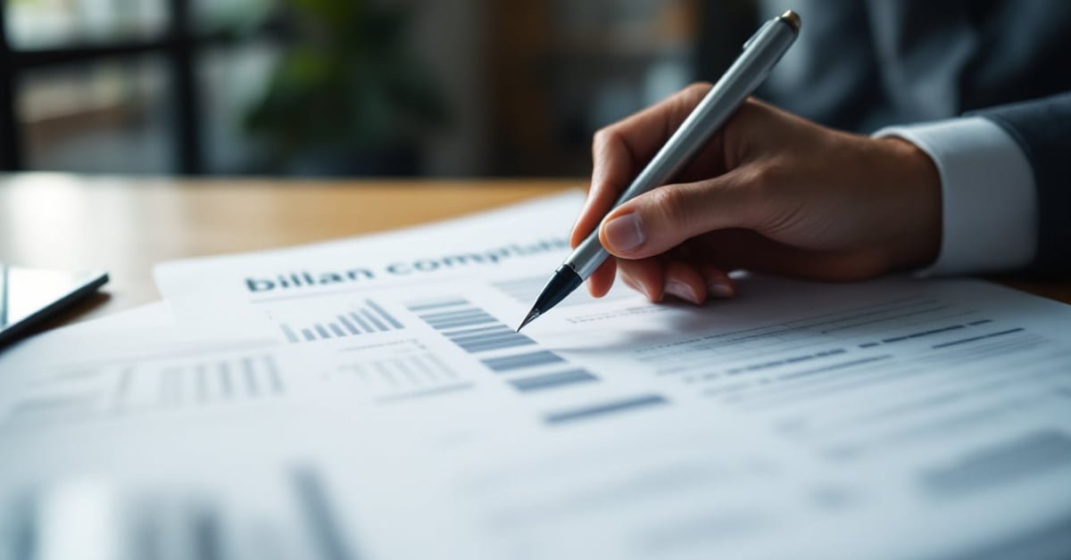 Bilan comptable en anglais : documents financiers bilingues sur un bureau professionnel moderne