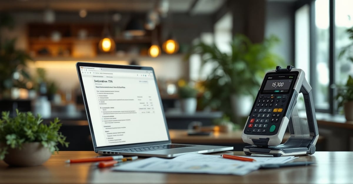 Professionnel effectuant sa déclaration TVA en ligne sur ordinateur dans un bureau moderne