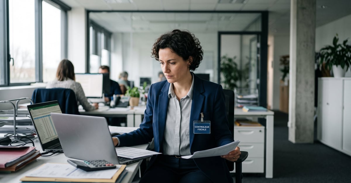 Contrôleur fiscal au travail, examinant des documents officiels dans un bureau moderne