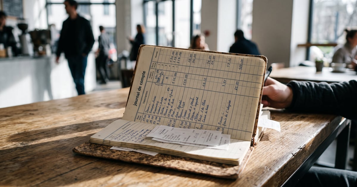 Journal de compte ouvert sur une table avec stylo et chiffres manuscrits pour suivre ses finances personnelles